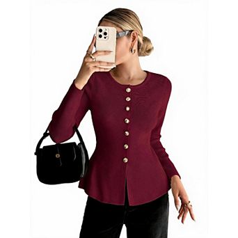 XuBa Slim Fit Peplum Knit Sweater for Women Round Neck Button Long Sleeve Top