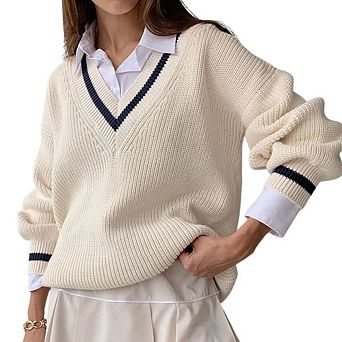 Women V Neck Striped Trim Sweater Long Sleeve Loose Fit Pullover Knit Top