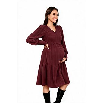 Women's Maternity V Neck Long Sleeve Pullover Sweater Dress