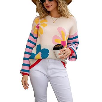 XuBa Retro Flower Knit Sweater Women's Striped Long Sleeve Crew Neck Pullover