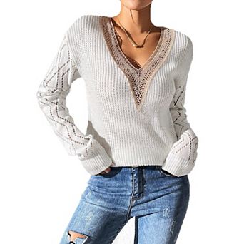 XuBa Women V-Neck Crochet Lace Knit Sweater Hollow Out Long Sleeve Top