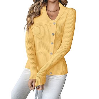 Women Shawl Collar Pearl Button Cardigan Long Sleeve Ribbed Fitted Knit Top