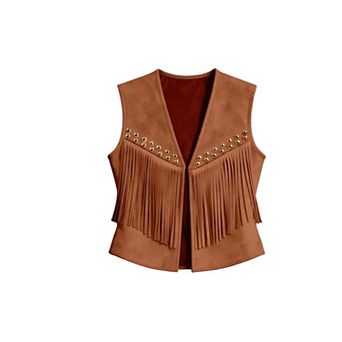 Womens Sleeveless Faux Suede Rivet Tassels Fringe Western Cowboy Vest Vintage Classic Cropped Tops