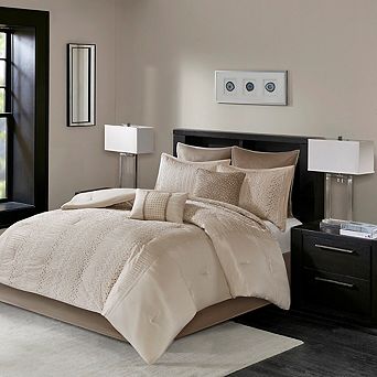 GDFStudio Embroidered 8 pc Comforter Set with Faux Leather & Geometric Design