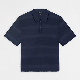 Vertical Jacquard Knit Short Sleeve Polo Shirt - Navy