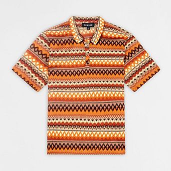 Retro Jacquard Button-Down Short Sleeve Polo Shirt - Brown