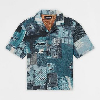 Mosaic Tapestry Button Down Short Sleeve Knit Shirt - Blue