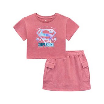 DC Comics Justice League Supergirl Cropped 2 pc T-Shirt and Wash Skort Set