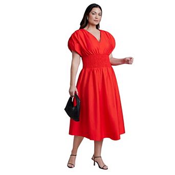 ELOQUII Women's Plus Size V Neck Flared Poplin Midi Dress