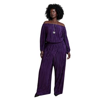 ELOQUII Women's Plus Size Off The Shoulder Plisse Jumpsuit