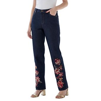 Roaman's Women's Plus Size Stretch Embroidered Straight Leg Jean