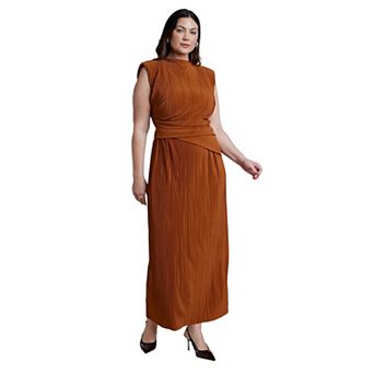ELOQUII Women's Plus Size Draped Bodice Plisse Maxi Dress