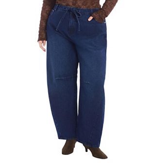 June & Vie Women's Plus Size Dramatic Drawstring Barrel Jean