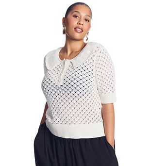 June & Vie Women's Plus Size Lace-Trim Pointelle Sweater Top
