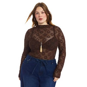 June & Vie Women's Plus Size Floral Lace Mesh Funnel Neck Top