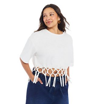 June & Vie Women's Plus Size Fringe Trim Cropped Crewneck Tee