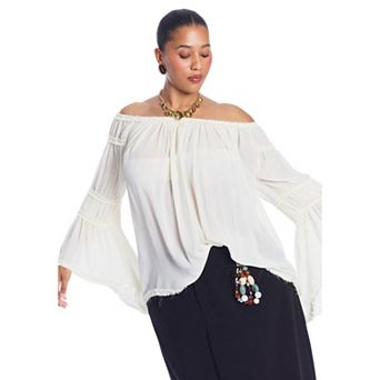 June & Vie Women's Plus Size Sheer Crinkle Chiffon Off-The-Shoulder Top