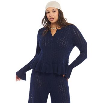 June & Vie Women's Plus Size Pointelle Peplum Sweater