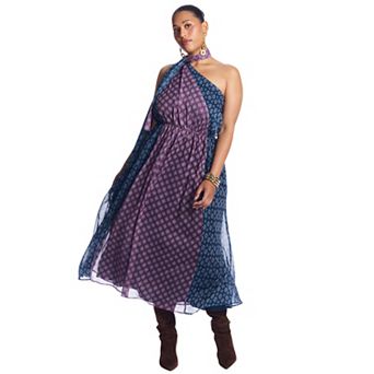 June & Vie Women's Plus Size One-Shoulder Chiffon Maxi Dress With Neck Tie