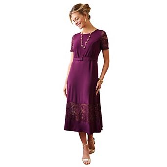 Jessica London Women's Plus Size Lace Inset Fit-And-Flare Dress With Self Belt