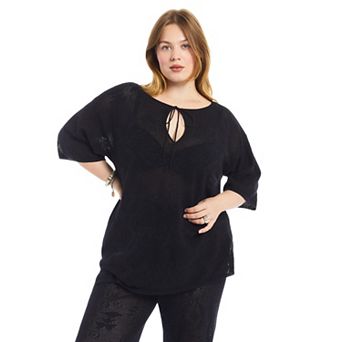 June & Vie Women's Plus Size Tie-Neck Jacquard Knit Tunic