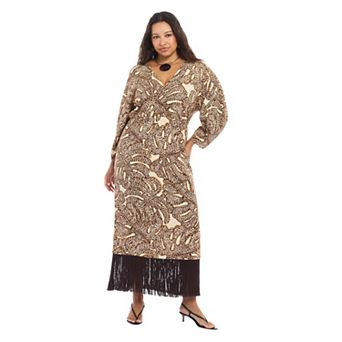 June & Vie Women's Plus Size Fringe-Trim Surplice Maxi Dress