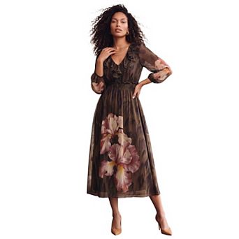 Roaman's Women's Plus Size Chiffon Flounce V-Neck Maxi Dress