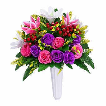 2 Sets UV Resistant Artificial Cemetery Flowers Silk Rose Lily With Vase Decorations