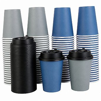100 Pack 12 Oz Disposable Paper Coffee Cups With Lids Two Color Set For Hot Cold Drinks