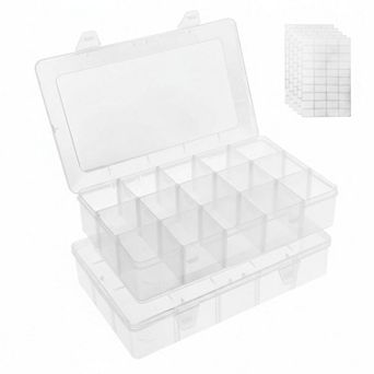 2 Pack 15 Grids Clear Plastic Organizer Box Adjustable Dividers Craft Storage for Beads Screws