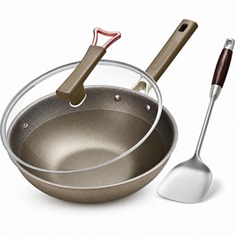 13" Titanium Hybrid Wok with Lid, Nonstick Flat Bottom, Induction Stir-Fry