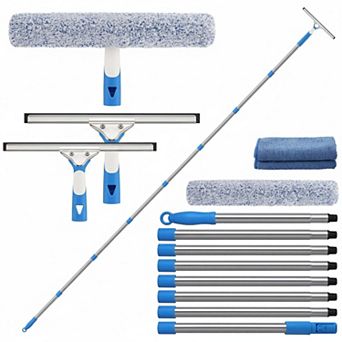 10ft Window Squeegee Cleaner Kit w/ Extension Pole Microfiber Scrubber Streak-Free Glass Tool