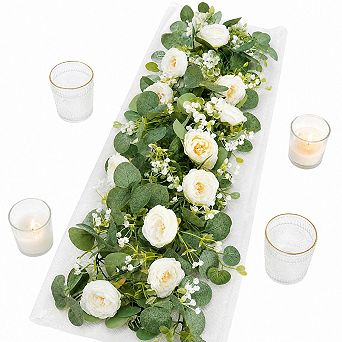 2 Pack 13ft Artificial Eucalyptus Garland with White Roses Greenery Vines for Wedding Home Decor