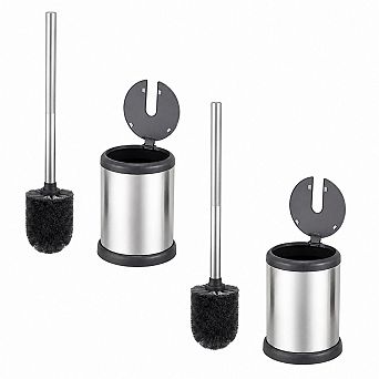 Chrome Finish Toilet Brush And Holder Set With Lid Heavy Weight Base 2 Pack