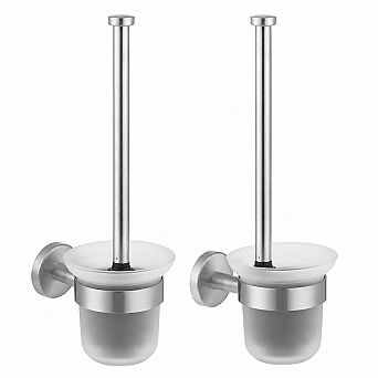 2 Pack Stainless Steel Glass Toilet Brush Holder Set No Drill Wall Mounted Bathroom Cleaning Tool