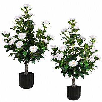 2 Artificial Red Camellia Trees Faux Plants In Pot Indoor Outdoor Home Decor