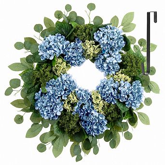 26 Inch Dusty Blue Hydrangea Wreath With Hanger All Season Indoor Outdoor Decor