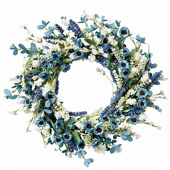 22 Inch Artificial Blue White Flower Spring Wreath Green Leaves Front Door Summer Farmhouse Decor