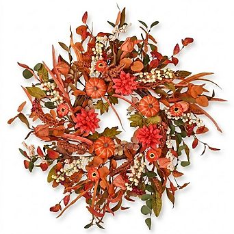 24-Inch Pumpkin Fall Wreath for Front Door with Berries & Mixed Leaves
