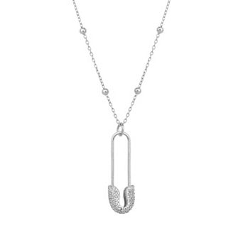 Sterling Silver Jewelled Safety Pin Necklace With Beaded Chain
