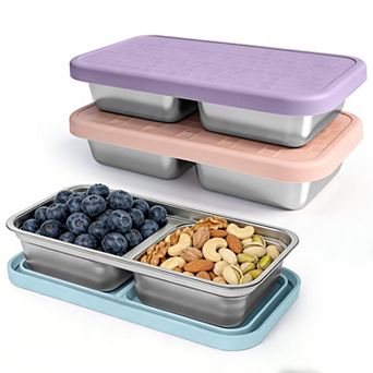 3 Pack Stainless Steel 2 Compartment Snack Containers Reusable Silicone Lids School Travel