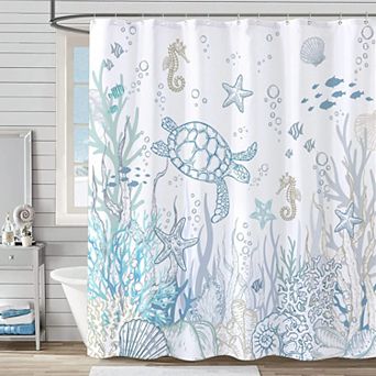 Nautical Coastal Turtle Dual Layer Shower Curtain With Snap In Liner Split Rings Magnets