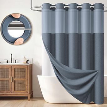 Ringless Linen Textured Shower Curtain Set With Snap In Liner Mesh Window
