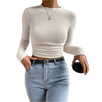 Women's Long‑Sleeve Waffle‑Knit Ruched Top
