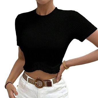 Women's Crew‑Neck Knit Fringe‑Trim Crop Top