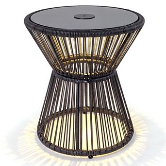 Outdoor LED Side Table with Tempered Glass Tabletop for Patio Porch Balcony and Garden