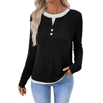 Women's Crew Neck Brushed Long Sleeve Button Pullover Fall Winter Tops
