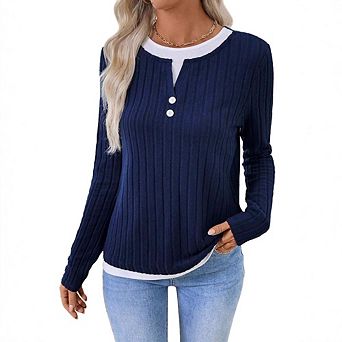 Women's Crew Neck Brushed Long Sleeve Button Pullover Fall Winter Tops