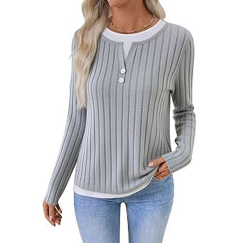 Women's Crew Neck Brushed Long Sleeve Button Pullover Fall Winter Tops