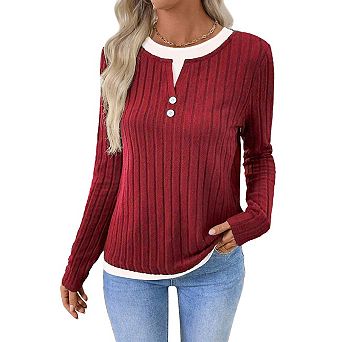 Women's Crew Neck Brushed Long Sleeve Button Pullover Fall Winter Tops